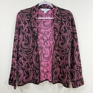Ming Wang Brown Pink Paisley Cuff Sleeve Collared Open Front Knit Jacket XS